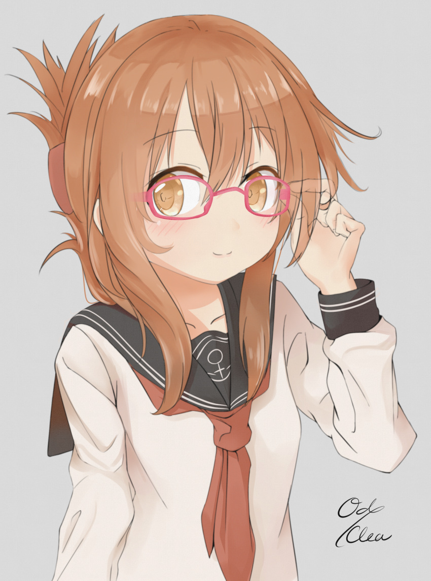 1girl absurdres artist_name bespectacled blush brown_eyes brown_hair folded_ponytail glasses highres inazuma_(kantai_collection) kantai_collection looking_at_viewer odeclea school_uniform serafuku simple_background smile solo