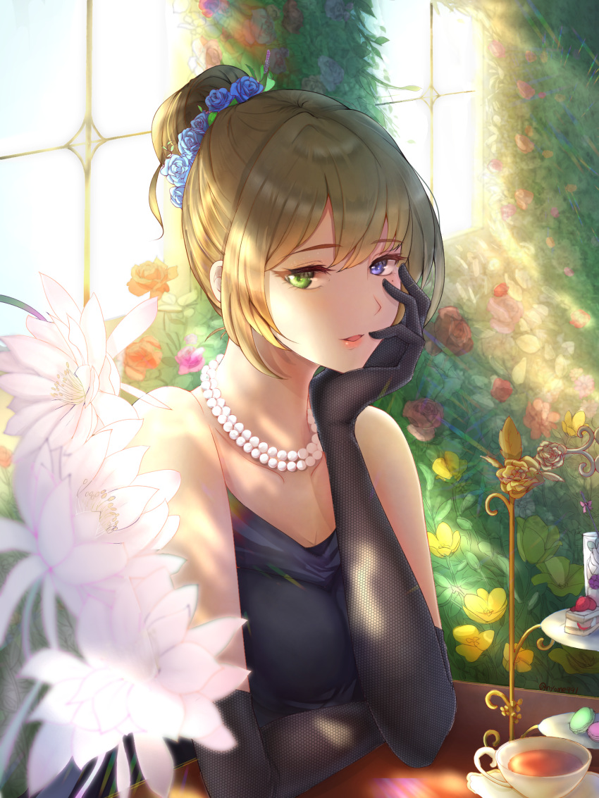 1girl backlighting bangs black_dress black_gloves blonde_hair blue_eyes blue_flower blue_rose blurry_foreground breasts collarbone dress elbow_gloves eyebrows_visible_through_hair flower gloves green_eyes hair_between_eyes hair_flower hair_ornament heterochromia highres idolmaster idolmaster_cinderella_girls jewelry looking_at_viewer medium_breasts necklace nyome991 open_mouth rose shiny shiny_hair short_hair solo sunlight takagaki_kaede tied_hair upper_body