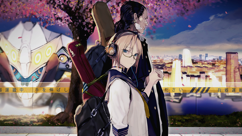 1boy 1girl bag bandaid bandaid_on_face black_hair blonde_hair blue_eyes building caution_tape cherry_blossoms choker city commentary earrings frown glasses guitar_case hair_ornament hairlocs headphones holding_hands instrument_case jewelry kagamine_rin looking_at_viewer original petals school_uniform short_hair shoulder_bag sky smile tazuma_(u283) text tree vocaloid