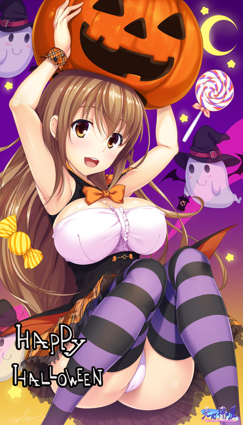 1girl absurdres ass breasts brown_eyes brown_hair candy crescent_moon ghost halloween hat highres hozumi_kaoru jack-o'-lantern large_breasts lollipop long_hair moon original panties pantyshot pantyshot_(sitting) sitting smile solo star striped striped_legwear thigh-highs underwear upskirt witch_hat wrapped_candy
