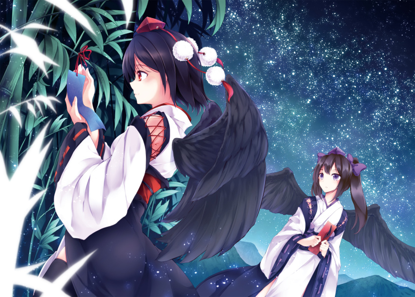 2girls bamboo black_hair black_wings blush brown_hair dutch_angle hat highres himekaidou_hatate japanese_clothes kimono kourindou_tengu_costume long_hair long_sleeves midori_(misuriru8) multiple_girls night night_sky obi pom_pom_(clothes) profile red_eyes ribbon sash shameimaru_aya short_hair sky smile tanabata tokin_hat touhou twintails wide_sleeves wings