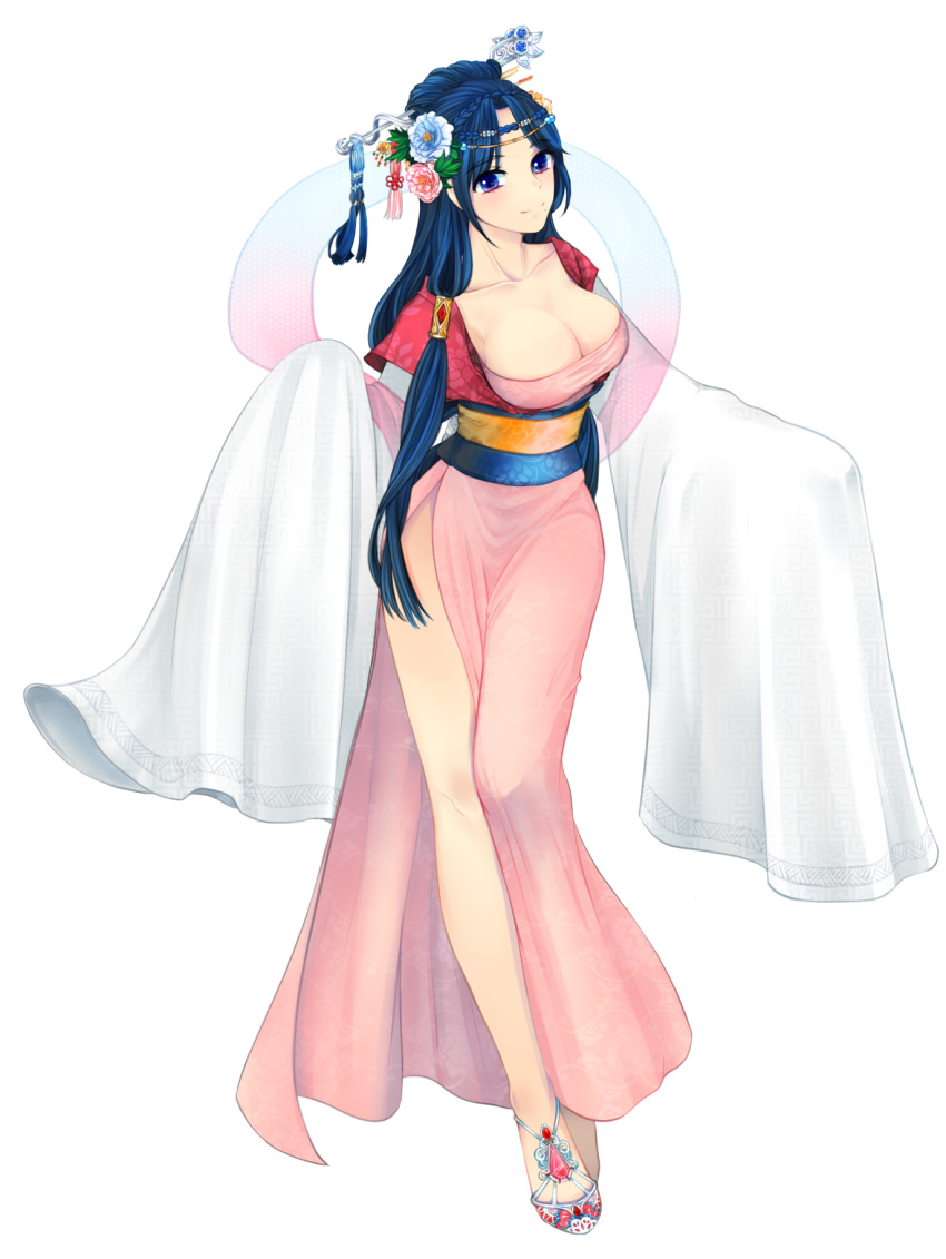 1girl blue_eyes blue_hair breasts chinese_clothes cleavage flower full_body hair_flower hair_ornament headdress highres keomi_syeon large_breasts long_hair magi_the_labyrinth_of_magic ren_hakuei robe smile solo very_long_hair