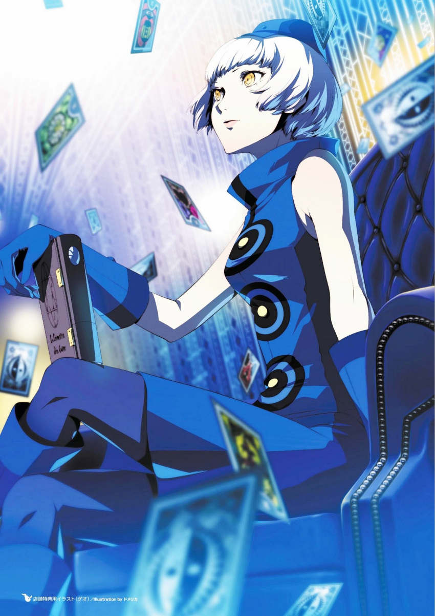 1girl blue_gloves book crossed_legs elizabeth_(persona) gloves hat highres official_art pale_skin pantyhose persona persona_3 persona_4:_the_ultimate_in_mayonaka_arena scan short_hair soejima_shigenori solo tarot velvet_room yellow_eyes