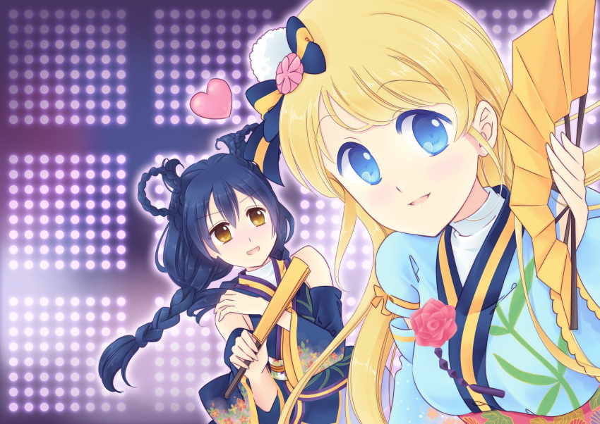 2girls alternate_hairstyle angelic_angel ayase_eli bangs blonde_hair blue_eyes blue_hair brown_eyes fan flower folding_fan hair_down hair_ornament heart highres japanese_clothes long_hair looking_at_viewer love_live!_school_idol_project mimori_(cotton_heart) multiple_girls rose smile sonoda_umi yuri