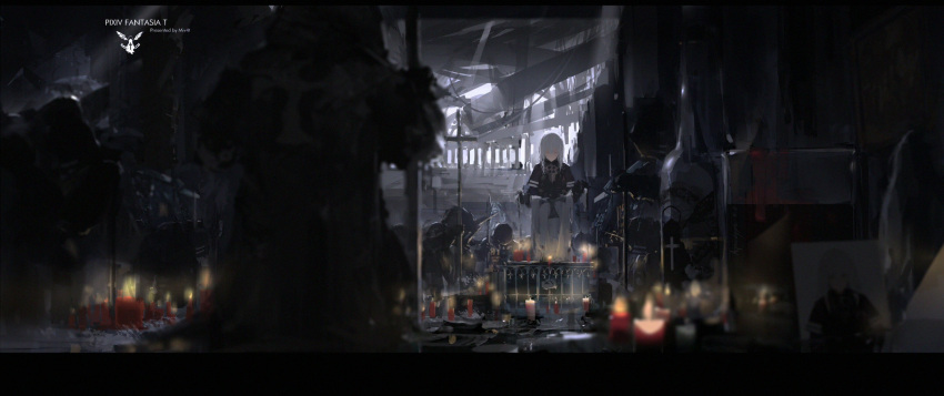 blurry bowing candle church closed_eyes cross depth_of_field highres knight mivit original pixiv_fantasia pixiv_fantasia_t ruins silver_hair sitting
