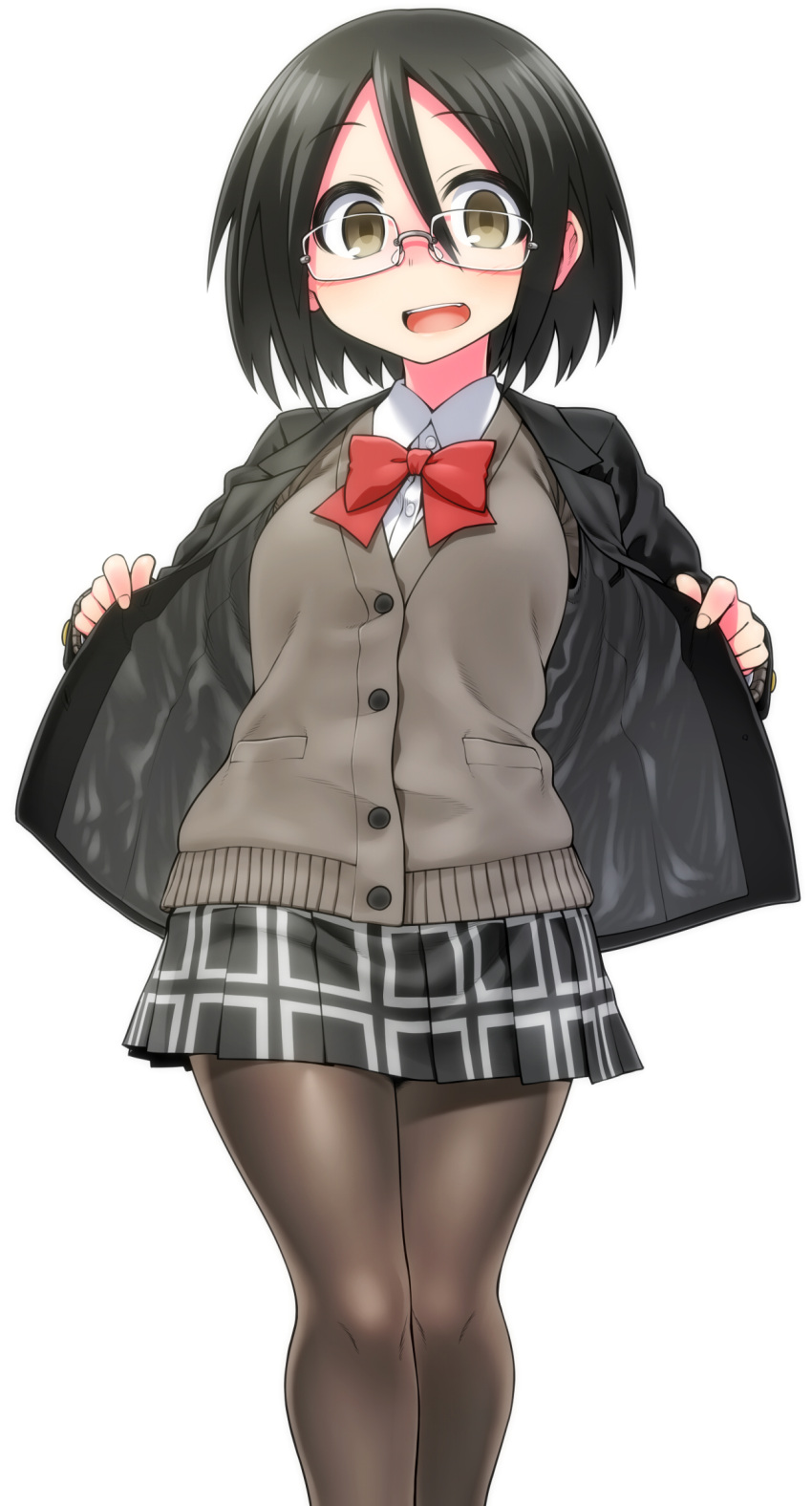 1girl black_hair black_skirt blazer bow brown_eyes chankodining_waka glasses highres long_sleeves looking_at_viewer open_mouth original pleated_skirt red_bow school_uniform shirt short_hair simple_background skirt smile solo thigh-highs vest white_background white_shirt white_skirt yamada_yoshino