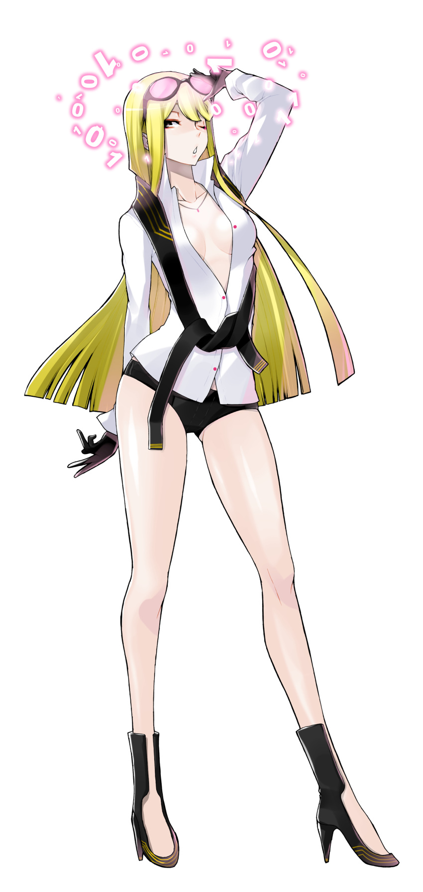 1girl absurdres black_gloves black_scarf black_shoes black_shorts blonde_hair breasts breasts_apart collarbone digimon digimon_story:_cyber_sleuth gloves grey_eyes hand_on_glasses high_heels highres jewelry kuremi_kyouko long_hair necklace no_bra official_art one_eye_closed parted_lips print_scarf print_shoes scarf shirt shoes short_shorts shorts simple_background single_glove solo sunglasses sunglasses_on_head very_long_hair white_shirt yasuda_suzuhito