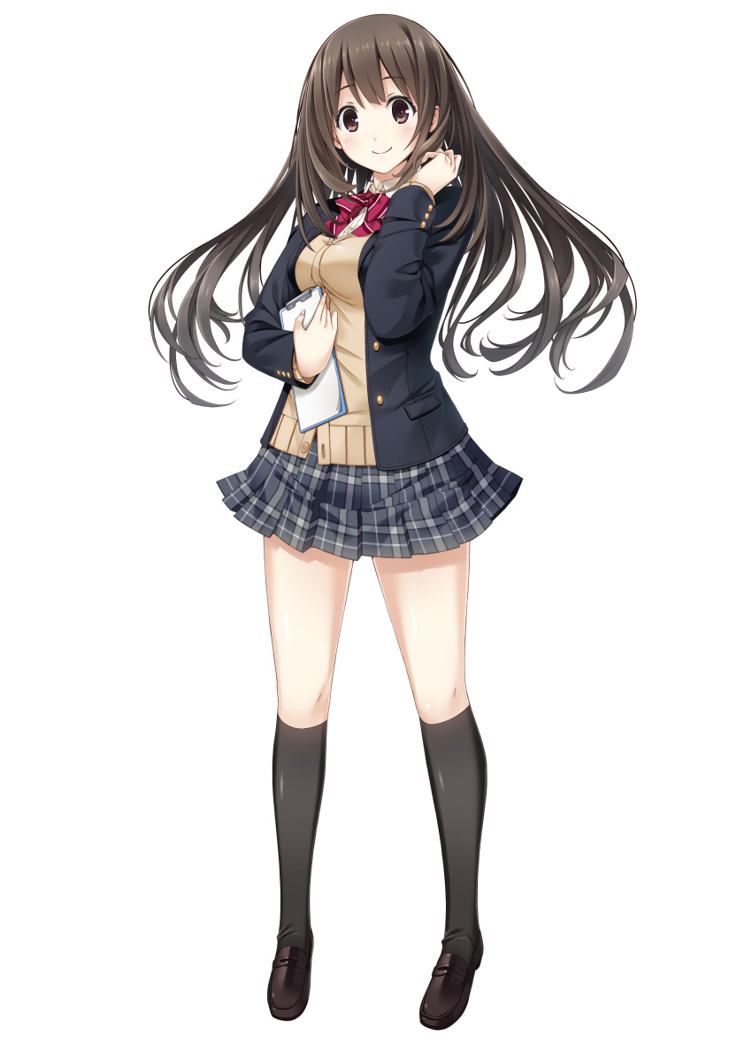 1girl absurdres black_legwear brown_eyes brown_hair cardigan floating full_body highres holding jacket kissbell loafers long_hair long_sleeves mikoto_akemi notepad official_art open_clothes open_jacket plaid plaid_skirt pleated_skirt shoes simple_background skirt smile solo takahata_chiharu thigh-highs