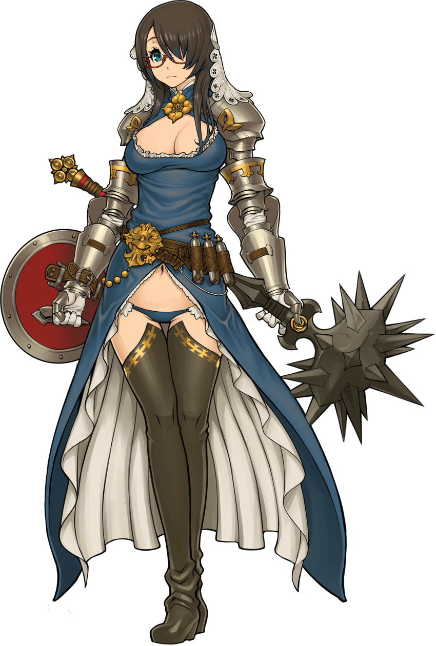 1girl armor armored_dress artist_request belt beltskirt black_legwear blue_clothes blue_eyes blue_panties boots breasts brown_hair cleavage cleavage_cutout flail full_body gauntlets glasses gloves green_hair hair_over_one_eye highres long_hair lowleg midriff navel one_eye_covered panties semi-rimless_glasses shield simple_background solo thigh-highs thigh_boots underwear weapon white_background