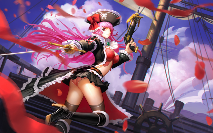 1girl bow bow_(weapon) breasts bustier captain_liliana crossbow frills hat jolly_roger liang_xing long_hair looking_at_viewer miniskirt pink_eyes pink_hair pirate pirate_hat pleated_skirt queen's_blade queen's_blade_rebellion ribbon skirt solo underwear very_long_hair weapon