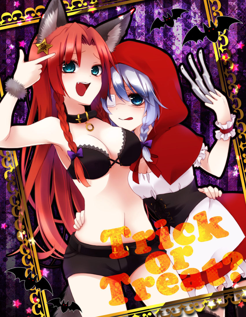 2girls alternate_costume animal_ears apron aqua_eyes bat big_bad_wolf_(cosplay) big_bad_wolf_(grimm) blue_eyes braid breasts chitose_(usacan) cosplay crop_top disguise dress english hair_ribbon halloween hand_on_another's_hip highres hong_meiling hood izayoi_sakuya knives_between_fingers little_red_riding_hood little_red_riding_hood_(cosplay) little_red_riding_hood_(grimm) long_hair midriff multiple_girls open_mouth pointing pointing_at_self puffy_short_sleeves puffy_sleeves red_dress redhead ribbon short_hair short_sleeves shorts silver_hair tongue tongue_out touhou tress_ribbon trick_or_treat twin_braids wolf_ears