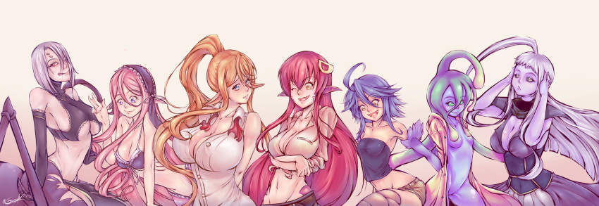 6+girls :d absurdres ahoge animal_ears arachne arms_behind_back bare_shoulders black_sclera blonde_hair blue_eyes blue_hair blue_skin blue_wings breasts centaur claws cleavage crossed_arms detached_sleeves disembodied_head dullahan everyone extra_eyes fang feathered_wings gills goo_girl gorro_azul green_eyes green_hair hair_ornament hairclip harpy head_fins highres horse_ears huge_ahoge insect_girl lala_(monster_musume) lamia large_breasts lavender_hair long_hair maid_headdress mermaid midriff monster_girl monster_musume_no_iru_nichijou multiple_girls navel one_eye_closed open_mouth pink_hair pointy_ears ponytail purple_skin raincoat red_eyes redhead scales shirt signature silver_hair simple_background sleeveless small_breasts smile spider_girl suu_(monster_musume) tentacle_hair tied_shirt transparent unbuttoned webbed_hands white_background wings