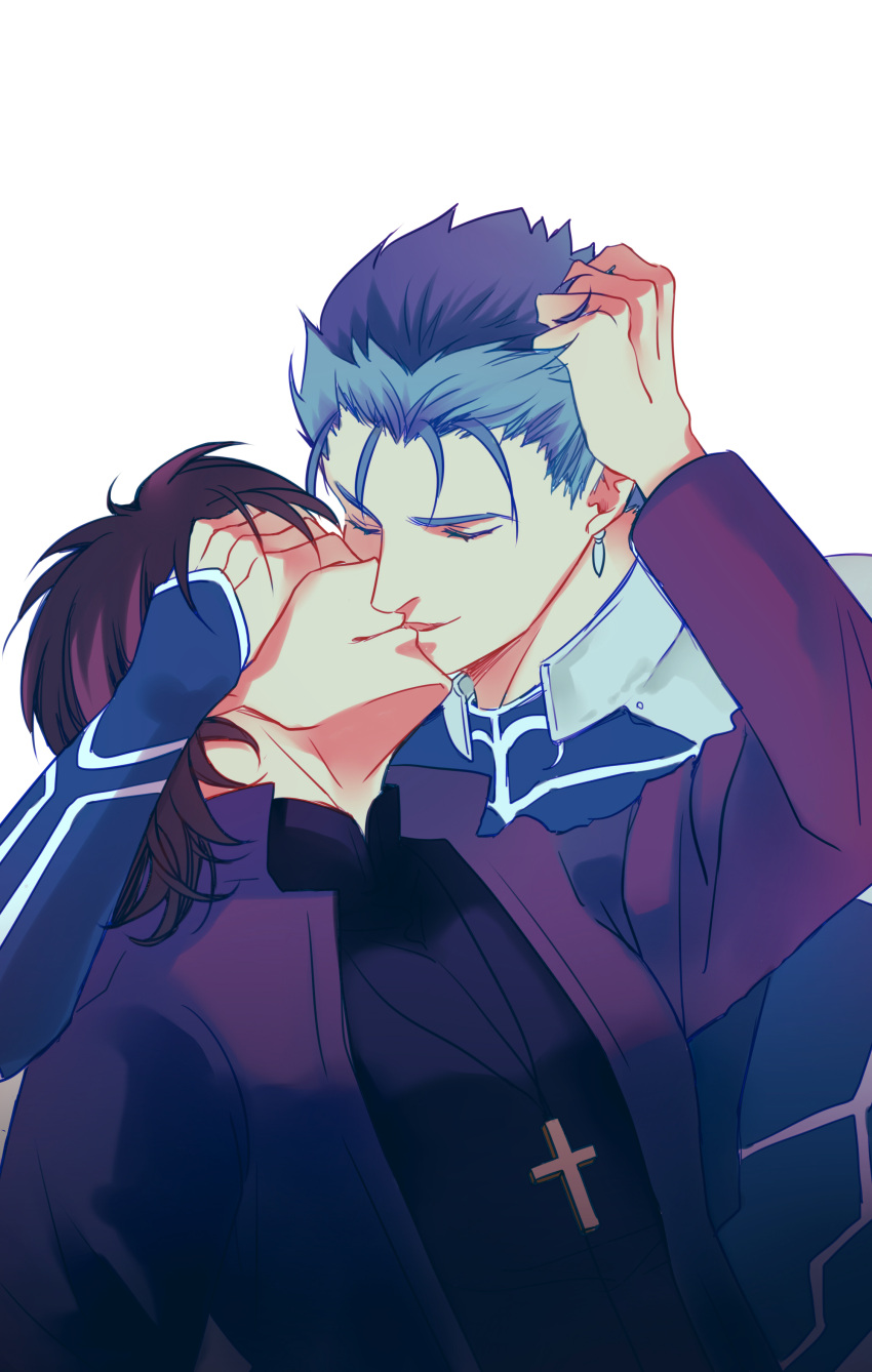 2boys absurdres blue_hair brown_hair cross cross_necklace fate/stay_night fate/zero fate_(series) highres jewelry kiss kotomine_kirei lancer multiple_boys necklace yan_(chibchan) yaoi