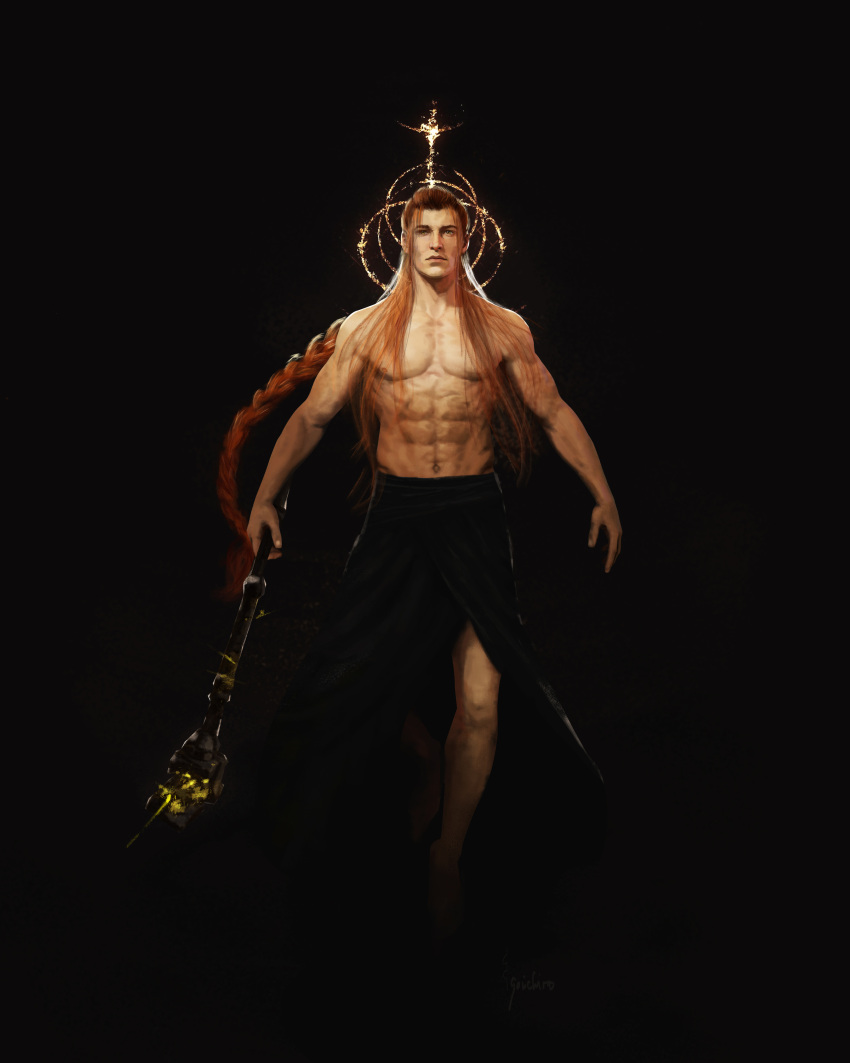 1boy absurdres black_background black_robe braid closed_mouth elden_ring elden_ring_(object) hammer highres holding holding_hammer holding_weapon long_hair looking_at_viewer qhuas radagon_of_the_golden_order redhead robe simple_background single_braid solo topless_male weapon
