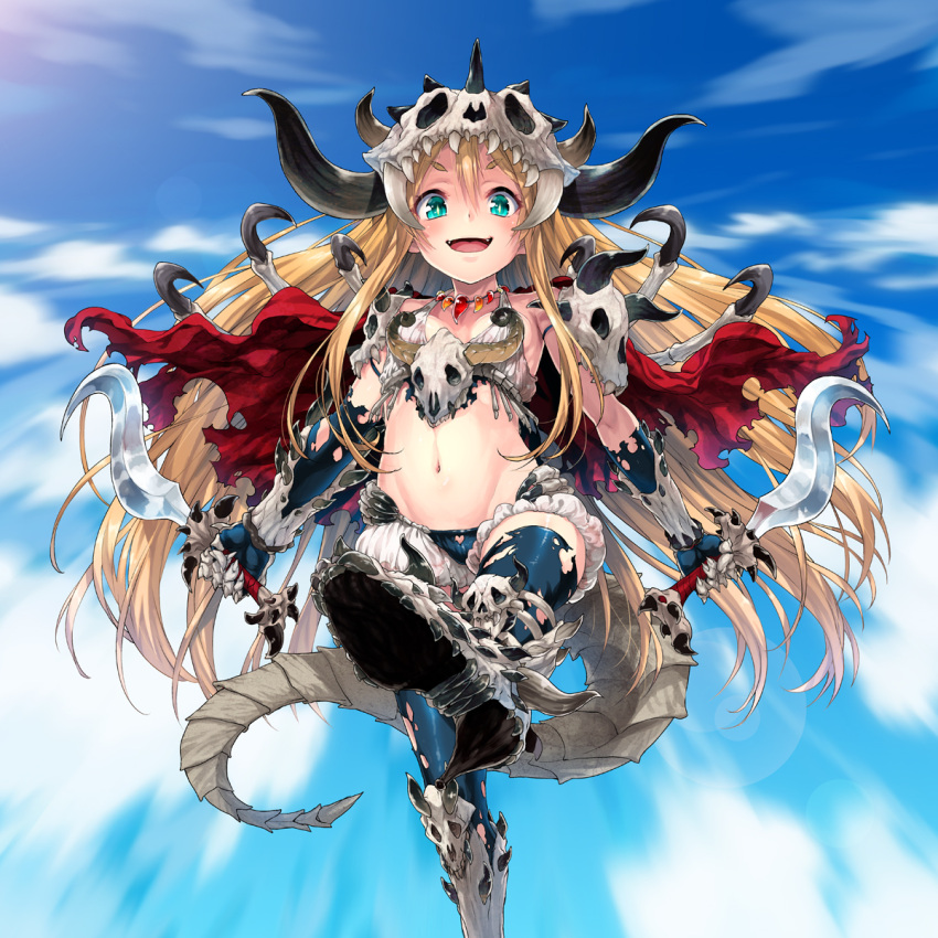 1girl blonde_hair blush boots character_request commentary_request copyright_request dual_wielding fangs gloves green_eyes highres jewelry knife long_hair looking_at_viewer navel necklace open_mouth shirane_taito skull_helmet smile solo tail thigh-highs
