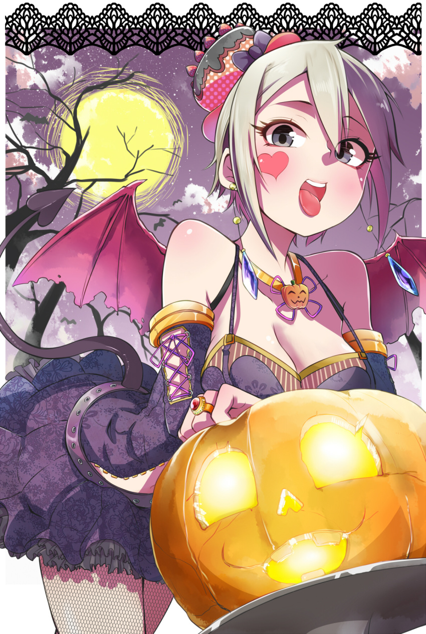 1girl :p ^_^ bat bat_wings belt bow breasts cake cleavage closed_eyes clouds cowboy_shot demon_tail detached_sleeves dress earrings fishnet_pantyhose fishnets food frills fruit gem grey_hair hair_between_eyes hair_ornament halloween highres idolmaster idolmaster_cinderella_girls ishii_takuma jack-o'-lantern jewelry lace lace-up lamp leaning_forward looking_at_viewer moon navel navel_cutout necklace night night_sky pantyhose pumpkin ring shiomi_shuuko short_hair sky smile solo strawberry striped tail tongue tongue_out torn_wings wavy_mouth wings