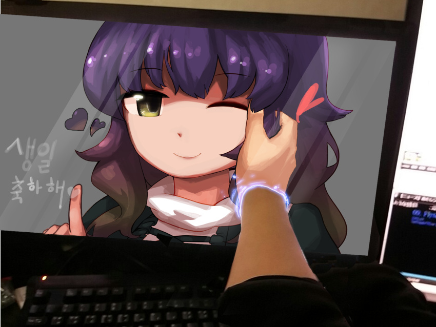 1boy 1girl black_dress brown_hair computer_keyboard dress fourth_wall hand_in_another's_hair happy heart highres hijiri_byakuren hijiwryyyyy looking_at_viewer monitor one_eye_closed photo pov pov_hands purple_hair real_life smile solo_focus touhou turtleneck white_dress window_writing writing yellow_eyes