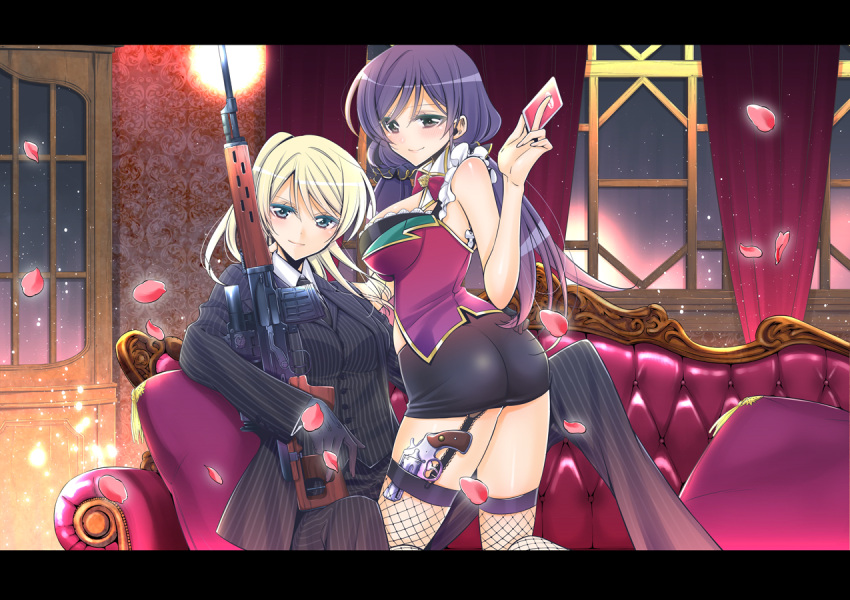 2girls arched_back ass ayase_eli bangs belt black_gloves blonde_hair blue_eyes blush bow bowtie breasts card closed_mouth collared_shirt couch curtains fishnet_legwear fishnets formal frills gloves glowing gradient_hair gun hair_scrunchie hand_on_another's_ass holding holding_card indoors kneeling lamp large_breasts letterboxed long_hair long_sleeves looking_at_viewer love_live!_school_idol_project miniskirt multicolored_hair multiple_girls night night_sky pants pencil_skirt petals pillow ponytail purple_hair red_bow rifle scrunchie shirt sitting skirt sky sleeveless smile star_(sky) striped striped_pants striped_shirt striped_suit suit swept_bangs takano_saku tassel toujou_nozomi twintails weapon window