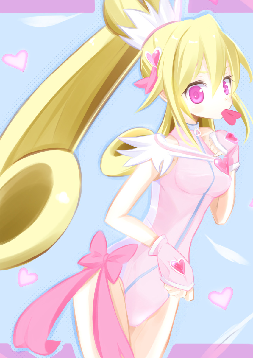 1girl aida_mana blonde_hair bow cowboy_shot cure_heart curly_hair dokidoki!_precure dorasan fingerless_gloves gloves hair_ornament half_updo heart heart_hair_ornament highres leotard long_hair magical_girl mouth_hold pink_bow pink_eyes pink_gloves ponytail precure solo standing