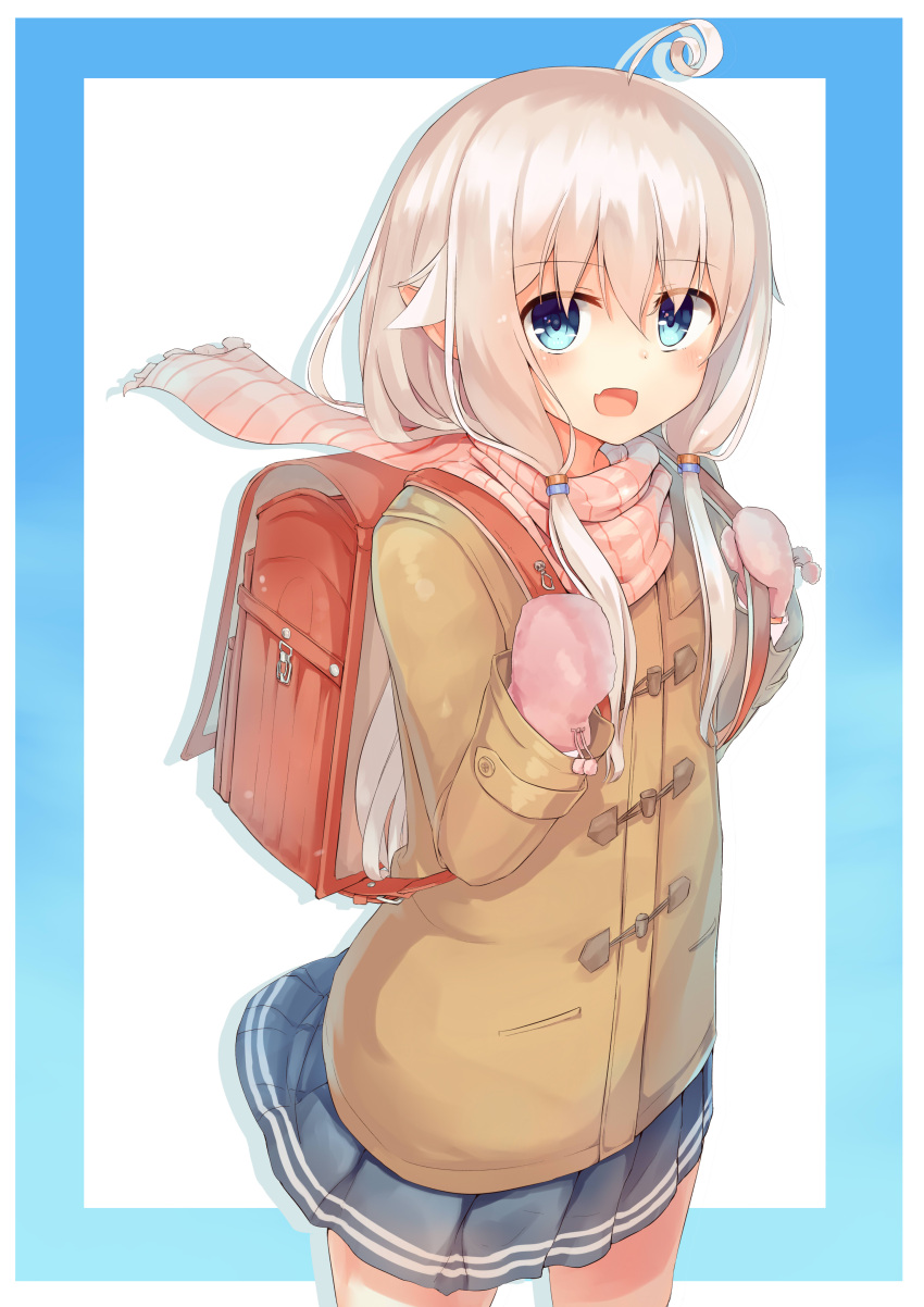 1girl absurdres ahoge backpack bag blue_eyes blush highres jacket long_hair looking_at_viewer mittens open_mouth original pointy_ears randoseru ruma_imaginary scarf simple_background skirt solo twintails white_hair