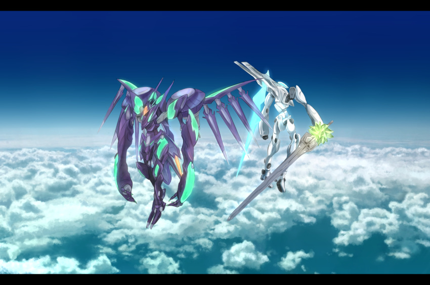 above_clouds claws clouds crystal floating glowing hia highres letterboxed mark_nicht mark_sein mecha no_humans sky soukyuu_no_fafner spikes sword weapon wings