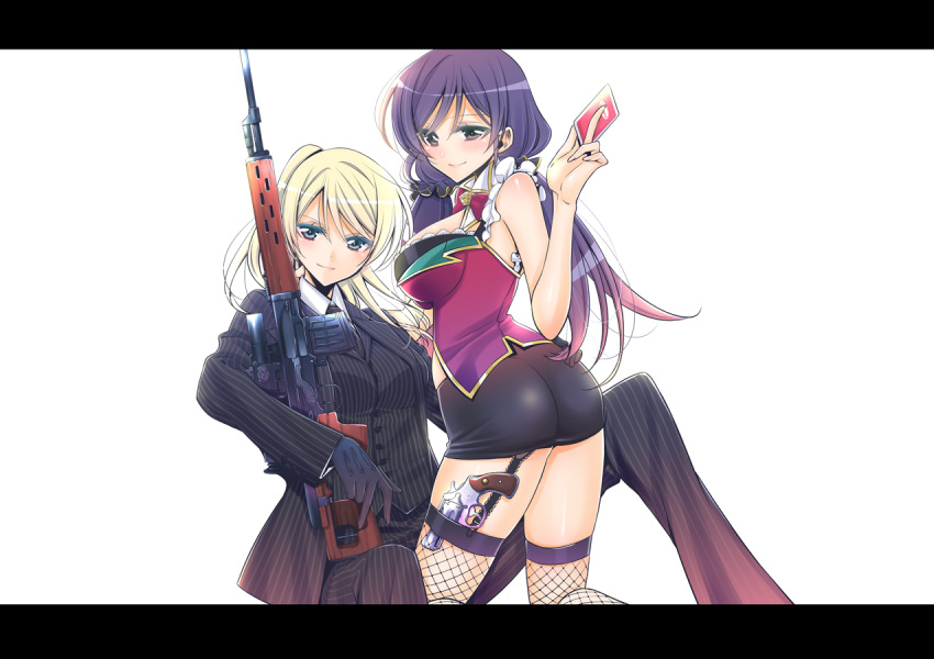 2girls arched_back ass ayase_eli bangs belt black_gloves blonde_hair blue_eyes blush bow bowtie breasts card closed_mouth collared_shirt fishnet_legwear fishnets formal frills gloves gradient_hair gun hair_scrunchie hand_on_another's_ass holding holding_card kneeling large_breasts letterboxed long_hair long_sleeves looking_at_viewer love_live!_school_idol_project miniskirt multicolored_hair multiple_girls pants pencil_skirt petals ponytail purple_hair red_bow rifle scrunchie shirt simple_background sitting skirt sleeveless smile striped striped_pants striped_shirt striped_suit suit swept_bangs takano_saku toujou_nozomi twintails weapon white_background