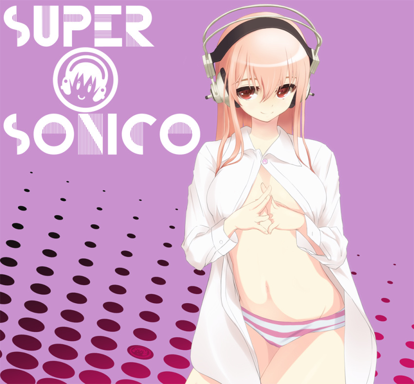1girl blush breasts cleavage headphones large_breasts long_hair looking_at_viewer mokkei navel nitroplus no_bra open_clothes open_shirt panties pink_hair red_eyes shirt smile solo super_sonico underwear