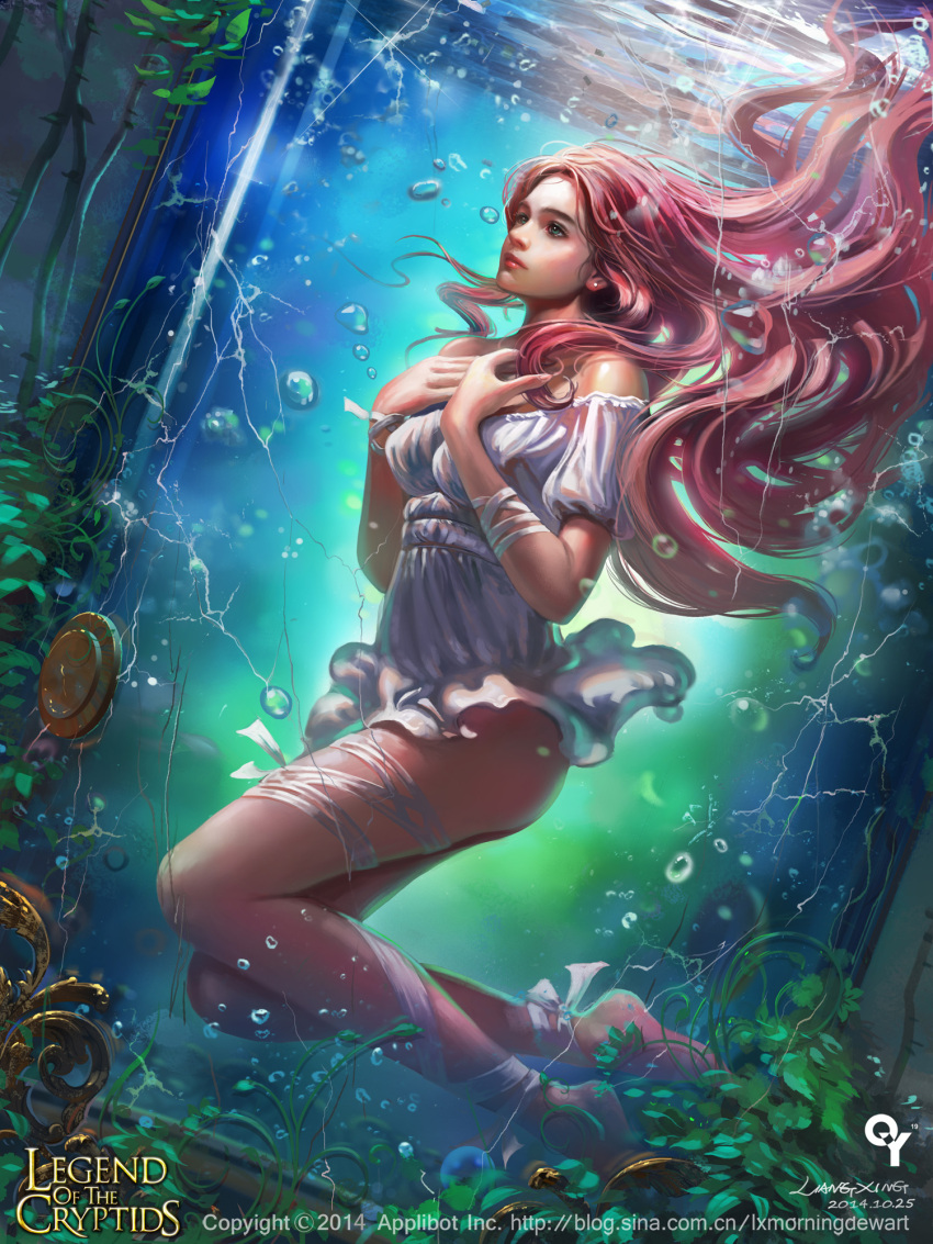 1girl air_bubble ankle_ribbon artist_name barefoot copyright copyright_name cracked_glass dated dress dutch_angle floating_hair glass highres holding_breath in_container legend_of_the_cryptids liangxing long_hair pink_hair solo submerged water water_tank watermark web_address white_dress