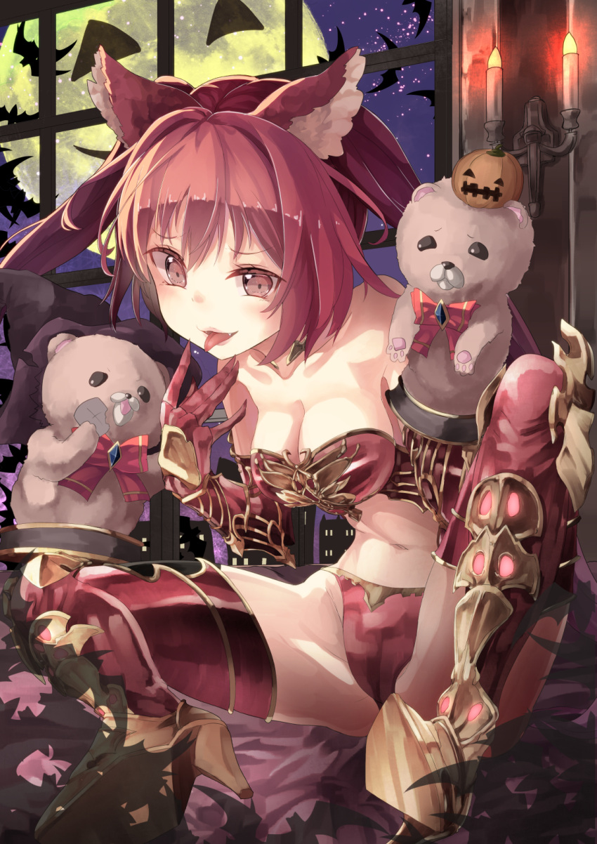 1girl animal_ears bangs bare_shoulders boots bow breasts candle candlestand cerberus_(shingeki_no_bahamut) cleavage dog_ears fangs gauntlets granblue_fantasy hand_puppet high_heels highres indoors jack-o'-lantern long_hair midriff moon navel night night_sky pumpkin puppet red_bow red_eyes redhead saraki sky solo thigh-highs tongue tongue_out twintails very_long_hair window