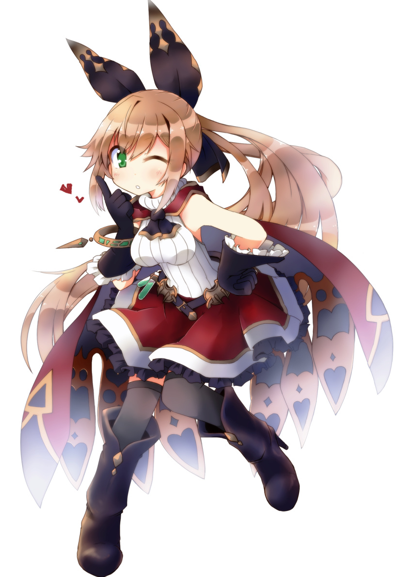 1girl bangs belt black_boots black_bow black_gloves boots bow brown_hair cape clarisse_(granblue_fantasy) flask frilled_skirt frills full_body gloves granblue_fantasy green_eyes hair_bow hair_ornament hand_on_hip heart high_heel_boots high_heels highres jewelry long_hair looking_at_viewer one_eye_closed ponytail ribbed_shirt shirt simple_background skirt sleeveless solo thigh-highs turtleneck very_long_hair white_background yuuhi_alpha