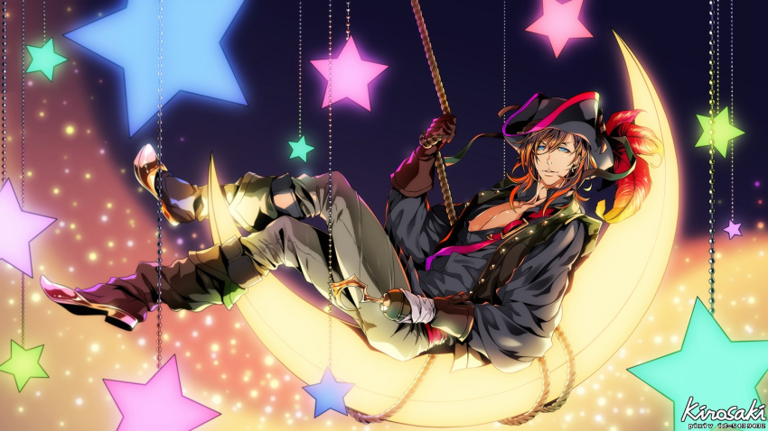 1boy belt black_shirt blue_eyes boots brown_gloves brown_hair buckle crescent_moon crossed_legs earrings feathers gloves grey_pants hat hat_feather hook_hand jewelry jinguuji_ren knee_boots leaning_back leather_gloves long_hair long_sleeves male_focus moon nipples open_clothes open_shirt pants parted_lips pirate pirate_hat seklutz shirt single_glove sitting smile solo star text uta_no_prince-sama