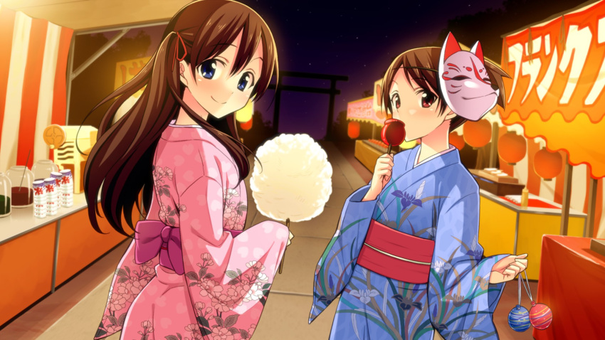 2girls arch blue_eyes brown_hair candy_apple carrying cotton_candy cup drink festival fox_mask from_behind game_cg go!_go!_nippon!_2015 go!_go!_nippon!_~my_first_trip_to_japan~ highres holding japanese_clothes kimono long_hair long_sleeves mask misaki_akira misaki_makoto_(go!_go!_nippon!) multiple_girls night night_sky official_art ponytail red_eyes short_hair short_ponytail sky stand star star_(sky) torii twintails yukata