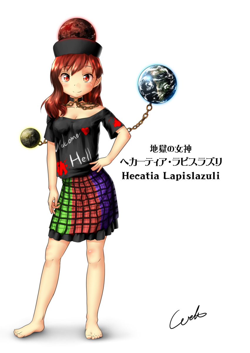 1girl absurdres arm_at_side barefoot black_shirt blush breasts character_name cleavage clothes_writing collar earth_(ornament) floating_object frilled_skirt frills glowing gold_chain hair_over_shoulder hand_on_hip hecatia_lapislazuli highres long_hair moon_(ornament) multicolored_skirt off-shoulder_shirt red_eyes red_pupils redhead shirt short_sleeves signature simple_background skirt smile solo touhou translation_request u-eruto white_background