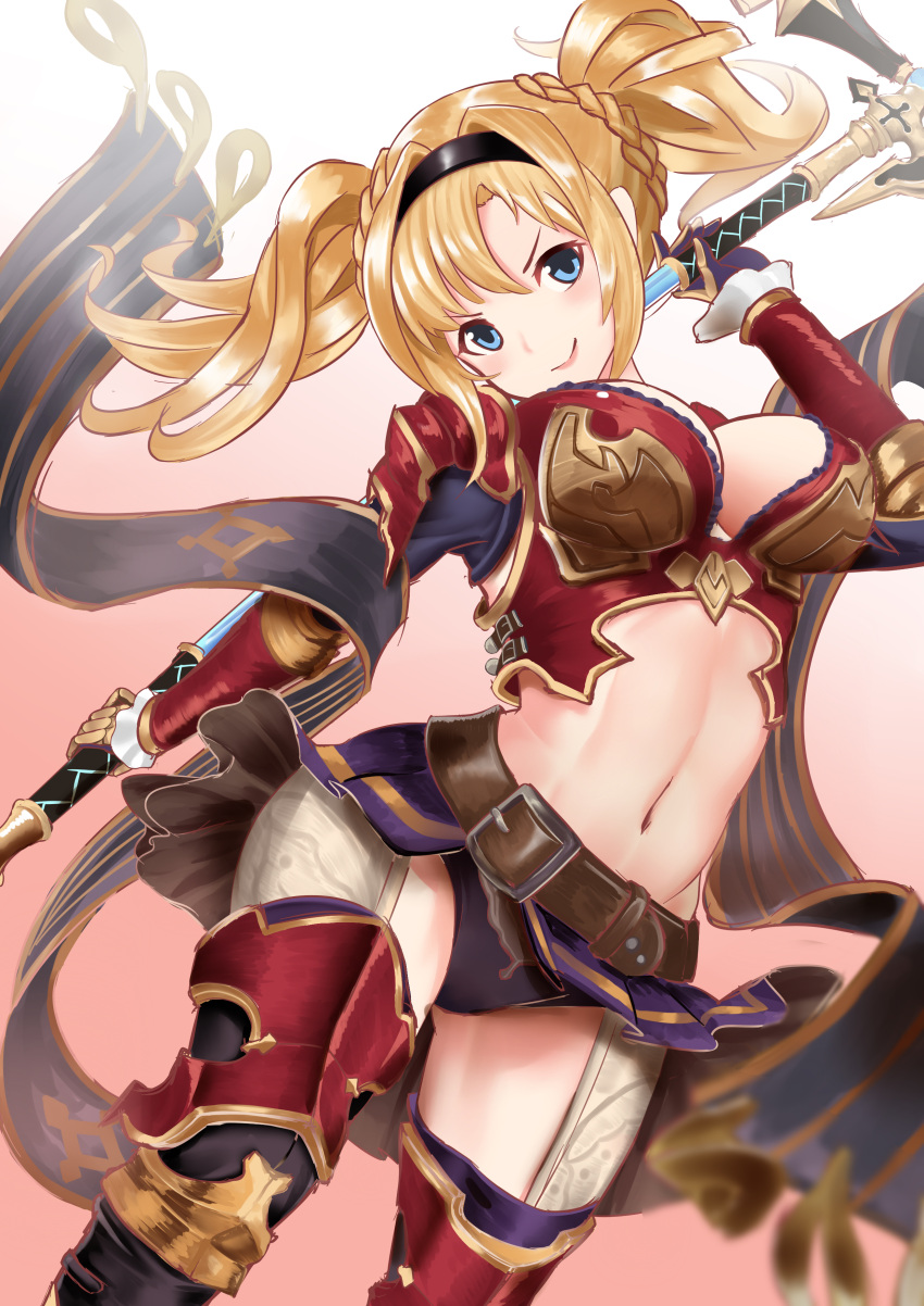 &gt;:) 1girl absurdres armor belt blonde_hair blue_eyes blush braid breasts cleavage gloves gradient gradient_background granblue_fantasy hair_intakes hairband highres holding holding_weapon large_breasts lips long_hair midriff navel polearm purple_gloves red_armor showgirl_skirt sin_(kami148) smile solo spear thigh-highs twin_braids twintails weapon zeta_(granblue_fantasy)