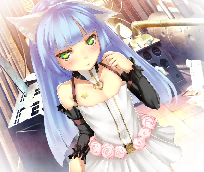 1girl absurdres animal_ears ar_nosurge bangs blue_hair blunt_bangs blush cat_ears detached_sleeves dutch_angle green_eyes highres long_hair official_art sarly_planck solo surge_concerto tattoo