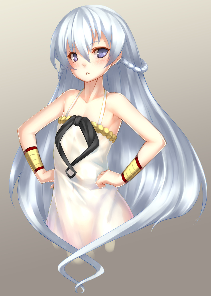 1girl absurdres ar_nosurge bangs bare_shoulders blue_eyes blush bracer braid cowboy_shot cropped_legs dress flat_chest french_braid frown gradient gradient_background grey_background hair_between_eyes half_updo hands_on_hips highres long_hair looking_at_viewer ntny ribbon shurelia silver_hair simple_background solo sundress surge_concerto very_long_hair white_dress