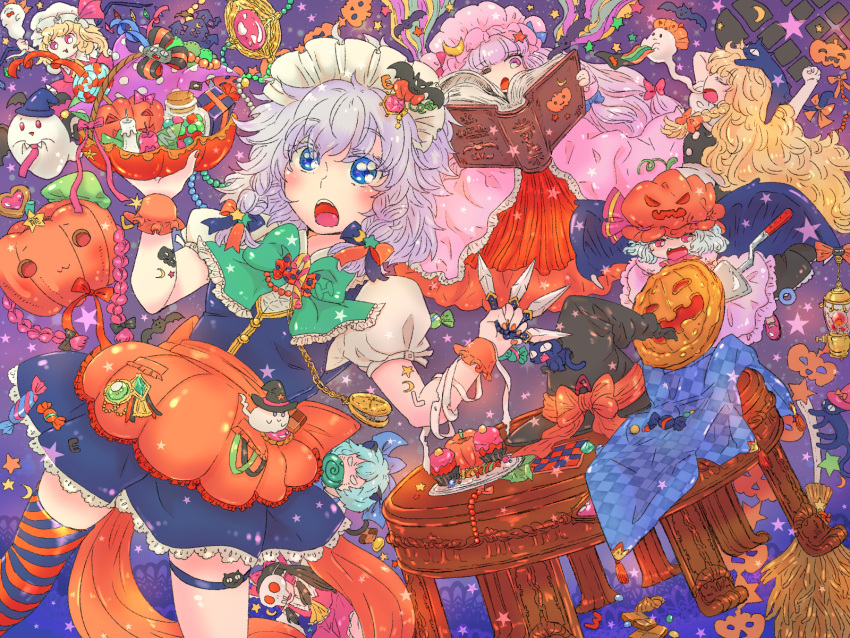 6+girls :3 :d :o aigoroo animal_on_head ascot bangs basket bat bat_wings beads between_fingers blanket blonde_hair blue_dress blue_eyes blue_hair blush book bottle bow bowtie braid broom brown_hair candle candy candy_cane castle cat checkered chibi cirno cookie crescent cupcake dagger detached_sleeves dress flandre_scarlet food frown gem ghost grabbing hair_bow hair_ornament hair_tubes hakurei_reimu halloween happy_halloween hat hat_bow hat_removed hat_ribbon headwear_removed heart highres holding_weapon hong_meiling izayoi_sakuya jack-o'-lantern japanese_clothes kirisame_marisa lace-trimmed_dress levitation lollipop long_hair looking_at_viewer magic maid maid_headdress miko mob_cap multicolored_bow multiple_girls one_eye_closed open_book open_mouth patchouli_knowledge pie pink_necktie pink_ribbon pocket_watch polka_dot polka_dot_bow puffy_short_sleeves puffy_sleeves pumpkin purple_dress purple_hair red_eyes red_ribbon redhead remilia_scarlet ribbon short_hair short_sleeves side_ponytail silver_hair single_thighhigh skull_mask smile star striped striped_bow striped_legwear table tattoo thigh-highs thigh_strap touhou twin_braids watch weapon winged_hat wings wrist_cuffs yawning