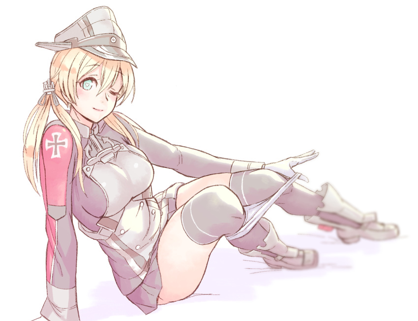 1girl and arm_support blonde_hair blue_eyes boots breasts gloves hat heart heart-shaped_pupils kantai_collection kneehighs large_breasts long_hair military military_uniform one_eye_closed panties panty_pull peaked_cap prinz_eugen_(kantai_collection) sitting skirt solo symbol-shaped_pupils thigh-highs twintails underwear uniform