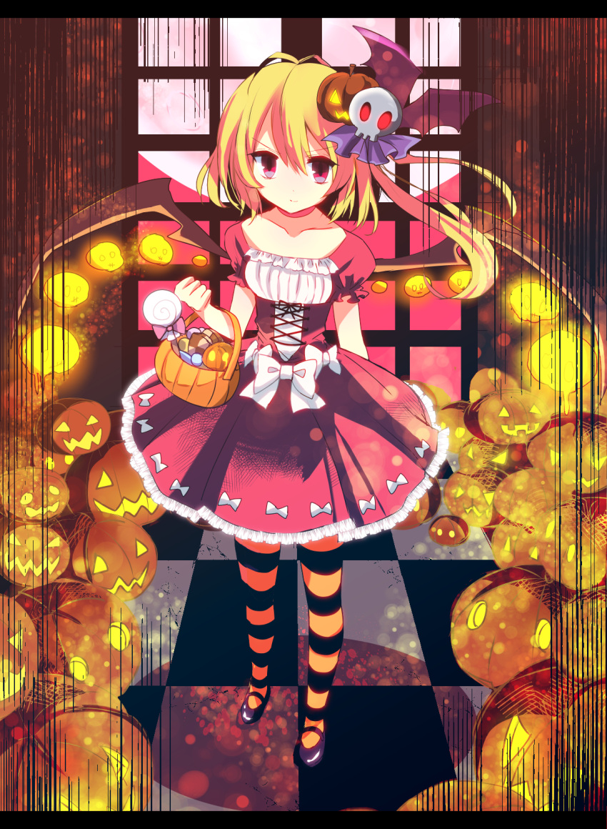1girl asymmetrical_hair basket blonde_hair candy checkered checkered_floor collarbone dokulow dress flandre_scarlet full_body glowing hair_ornament halloween halloween_costume highres jack-o'-lantern letterboxed lollipop looking_at_viewer mary_janes multicolored_legwear pantyhose puffy_sleeves red_dress red_eyes ribbon shoes short_sleeves side_ponytail smile solo striped striped_legwear sweets touhou wings