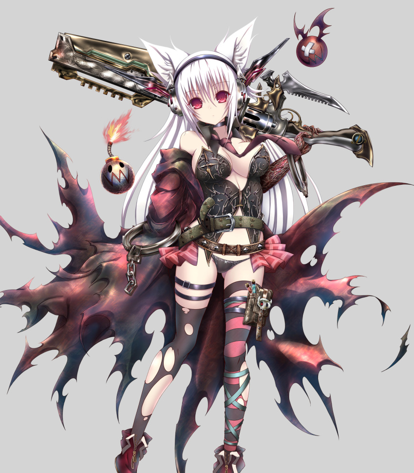 1girl akina_t albino animal_ears ass_visible_through_thighs bandaid bangs bare_shoulders bat_wings belt black_panties bomb boots breasts buckle chain choker cleavage cross_print cuffs detached_collar detached_sleeves fire frills grey_background gun headphones highres holding_weapon holster leg_ribbon long_hair looking_at_viewer mismatched_legwear navel_cutout necktie original over_shoulder oversized_object panties red_eyes red_necktie red_skin ribbon shackles simple_background sleeveless solo standing striped striped_legwear test_tube thigh-highs thigh_holster thigh_strap torn_clothes torn_thighhighs underwear very_long_hair wavy_mouth weapon weapon_over_shoulder white_hair wings zipper
