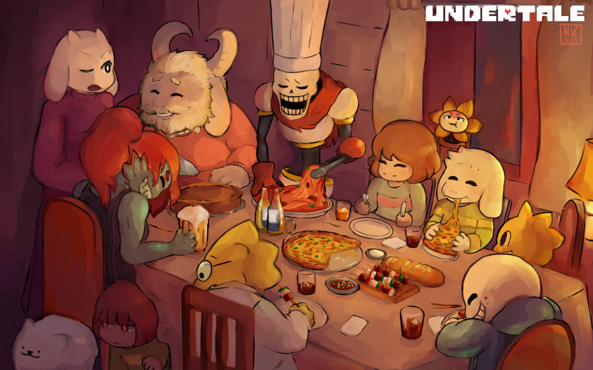 3girls 4boys alcohol alphys androgynous armor asgore_dreemurr asriel_dreemurr beer blonde_hair bread brown_hair caribun chara_(undertale) chef_hat dinner dog eating flowey_(undertale) food frisk_(undertale) hat highres monster_kid_(undertale) multiple_boys multiple_girls papyrus_(undertale) pie pizza redhead sans shirt shish_kabob spaghetti spoilers striped striped_shirt sweater tagme time_paradox toriel under_table undertale undyne