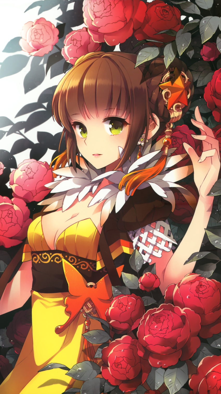1girl bangs breasts brown_hair cleavage dress earrings flower green_eyes hair_bun hair_ornament hands highres jewelry leaf looking_at_viewer lying nardack on_back open_mouth original puffy_sleeves rose rotated solo star sword_girls