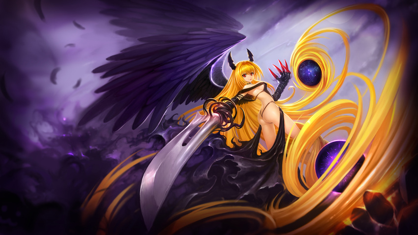 1girl :q absurdly_long_hair arched_back ass bangs black_panties blonde_hair choker claw_(weapon) closed_mouth dual_wielding feathered_wings feathers frills hanshu highleg highleg_panties highres horns konjiki_no_yami long_hair looking_at_viewer off_shoulder panties purple_wings red_eyes revealing_clothes smile smoke solo space sword to_love-ru to_love-ru_darkness tongue tongue_out underwear very_long_hair weapon wings