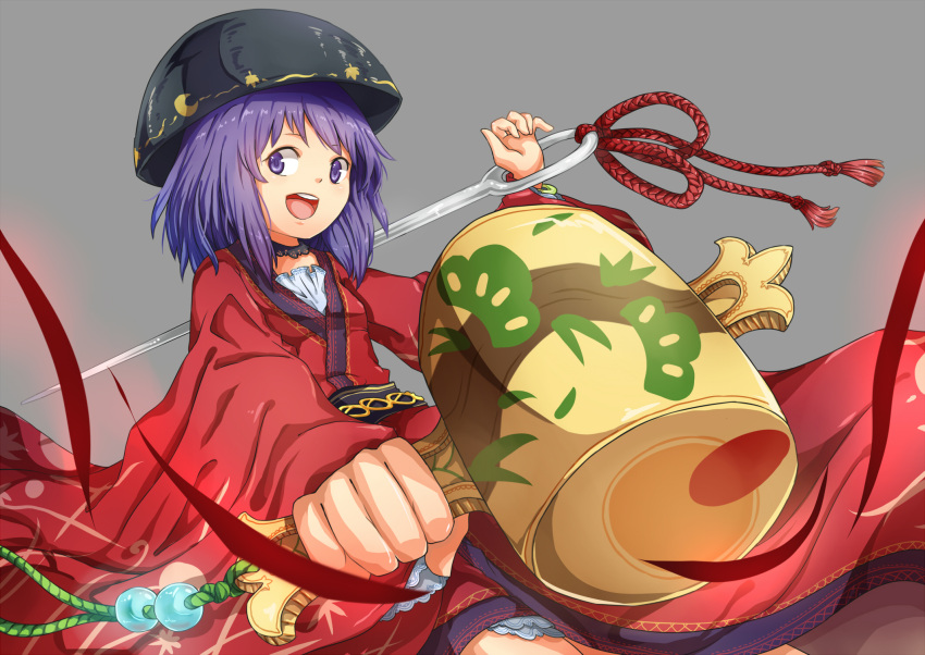 1girl bowl foreshortening glowing grey_background hat highres japanese_clothes kimono looking_at_viewer mallet minigirl miracle_mallet needle obi open_mouth purple_hair sash simple_background smile solo sukuna_shinmyoumaru suo_niao touhou upper_body violet_eyes