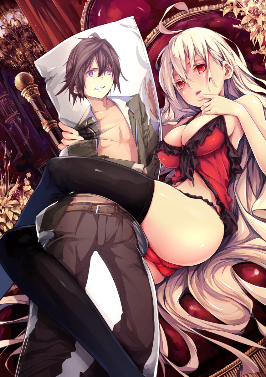 1boy 1girl ahoge babydoll bare_arms bare_shoulders belt between_legs black_legwear blonde_hair breasts brown_hair cleavage clenched_teeth dakimakura_(object) highres large_breasts long_hair open_clothes open_mouth open_shirt original panties pants pillow pink_eyes re_lucy red_eyes red_panties shirt sitting thigh-highs underwear very_long_hair