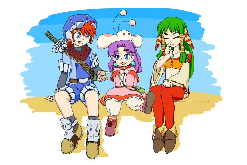 1boy 2girls feena_(grandia) grandia grandia_i green_hair hair_ornament hair_tubes hat highres jewelry justin_(grandia) long_hair low-tied_long_hair multiple_girls purple_hair puui_(grandia) sue_(grandia)