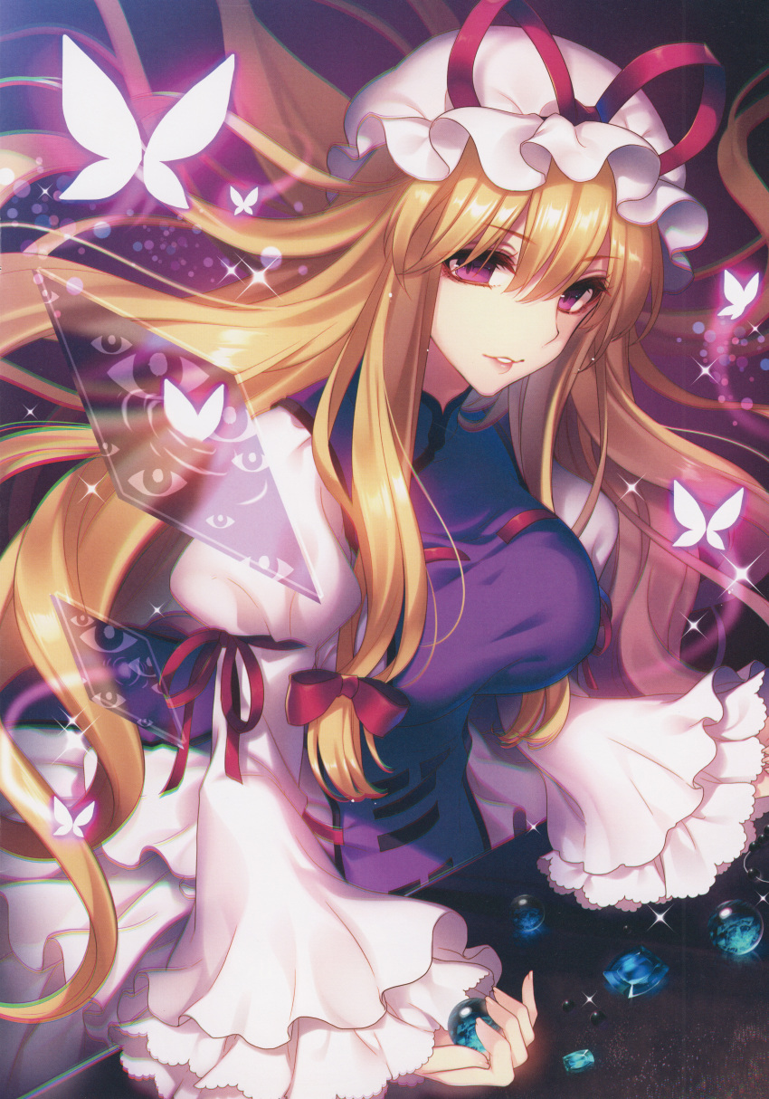1girl absurdres blonde_hair bow butterfly chromatic_aberration dress dutch_angle eyes hair_bow hair_ornament hat hat_ribbon highres huge_filesize long_hair long_sleeves looking_at_viewer masaru.jp mob_cap obsidian_rock parted_lips puffy_sleeves ribbon scan smile solo sparkle tabard touhou violet_eyes white_dress wide_sleeves yakumo_yukari