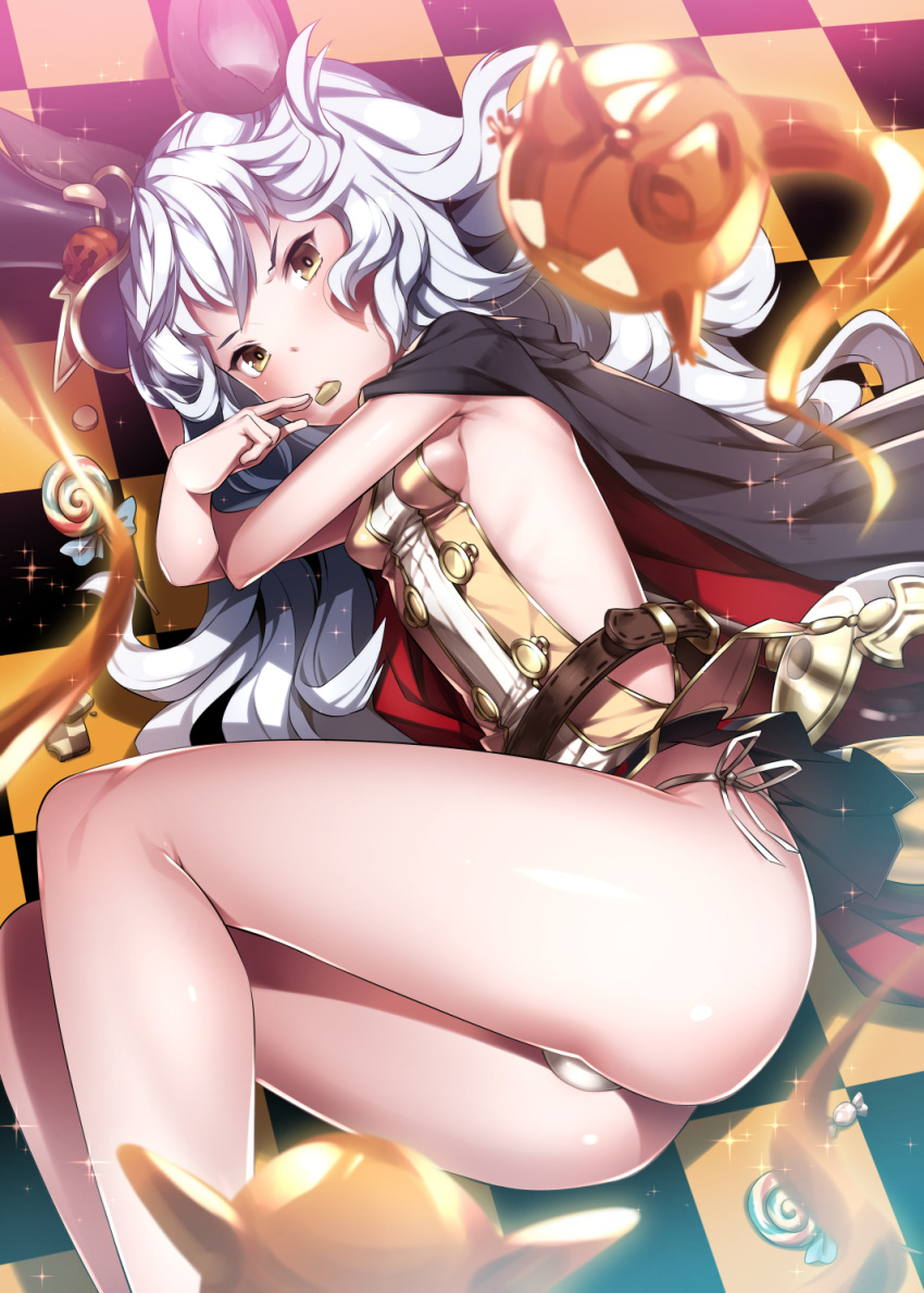 1girl animal_ears ass belt blue_hair breasts candy cape checkered checkered_floor ferri_(granblue_fantasy) food_in_mouth granblue_fantasy hat highres jacket lollipop long_hair looking_at_viewer lying mini_top_hat motion_blur nenemaru on_side panties rabbit_ears sideboob small_breasts solo sparkle string_panties thighs top_hat underwear white_hair white_panties yellow_eyes