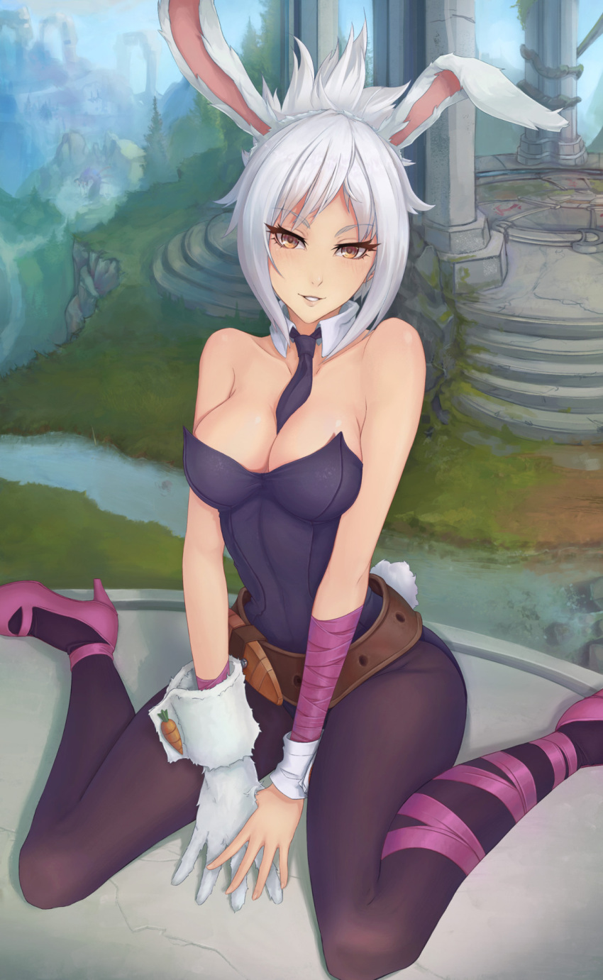 1girl alternate_costume animal_ears belt between_breasts breasts brown_eyes bunny_girl bunnysuit cleavage detached_collar folded_ponytail highres league_of_legends leg_ribbon necktie necktie_between_breasts pantyhose rabbit_ears ribbon riven_(league_of_legends) ruins short_hair single_glove sitting solo unsomnus v_arms wariza white_hair wrist_cuffs