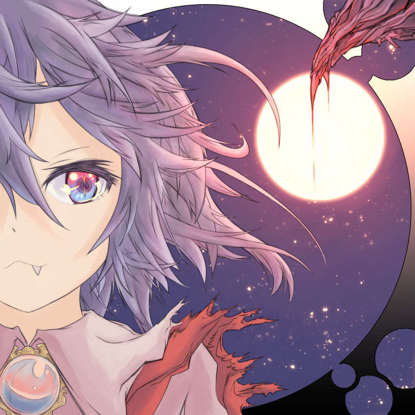 blue_eyes brooch close-up embers fang highres jewelry lavender_hair messy_hair moon multicolored_eyes night night_sky red_eyes remilia_scarlet short_hair sky torn_clothes touhou yam-potong